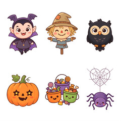 Obraz premium Cute Halloween Character Icon Set with Vampire, Scarecrow, Owl, Pumpkin, Candy Buckets and Spider