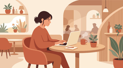 Fototapeta premium Young Woman Working on Laptop Flat Vector Illustration