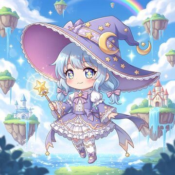 Whimsical chibi character floating with magical wand and sparkling accessories in dreamy fantasy sky with holding glowing star wand while surrounded floating islands
