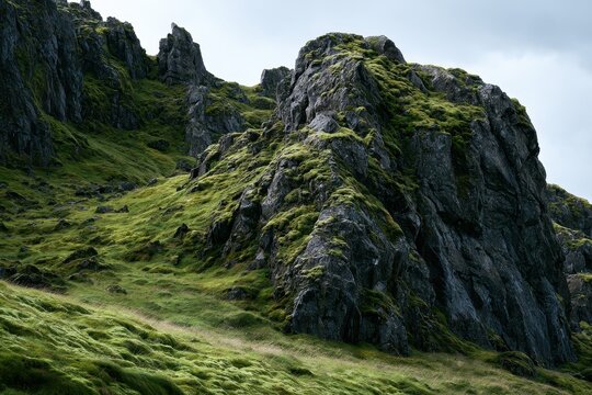 Mossy rock cliff rising from a green highland slope in a moody landscape with sharp focus for travel and nature conservation branding
