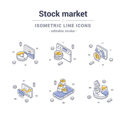 Stock market and exchange currency analyzing line icon set isometric contoured vector illustration. Financial banking trading money forecasting monitoring control management research