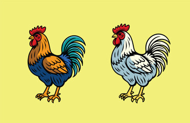 Simple hand drawn illustration of two roosters, featuring one colorful and one white cockerel standing on a yellow background © harrisaputra
