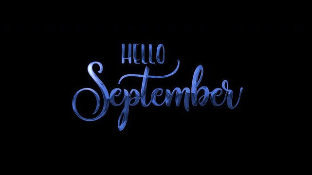 Blue script lettering hello september glowing text neon style on dark background. Suitable for social media posts, greeting cards, autumn designs.