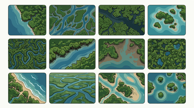 Top-down game map tiles, 12 aerial landscape vector illustrations of rivers and forests, isometric nature environment assets for strategy games