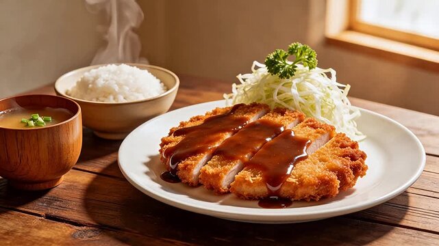 Sliced breaded cutlet with rice and salad
