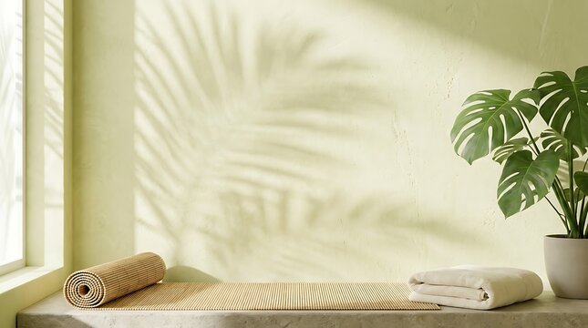 Minimalist spa concept with palm leaf shadow on wall minimalist wellness relaxation skincare background interior tropical
