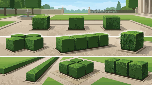 Formal garden hedge vector set, manicured green boxwood topiary bushes, architectural landscape shrubbery collection for park design