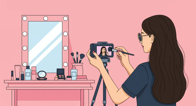 Vector illustration of a beauty influencer recording a makeup tutorial with a camera and tripod, featuring a vanity mirror, cosmetics, and brushes on a pink background.
