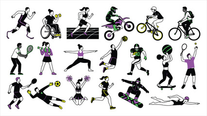 Obraz premium Large Vector Set of Diverse Athletes Engaging in Sports, Athletics, and Outdoor Fitness Activities, Minimalist Flat Vector Illustration with Neon Pop Colors