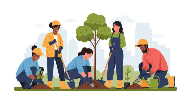 Diverse group of community volunteers planting trees and saplings in an urban park with city skyline background, using shovels and watering cans for ecology and sustainability.