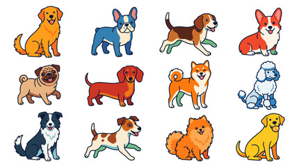 Obraz premium Colorful Cartoon Dog Breeds Sitting and Standing in Flat Vector Illustration Style
