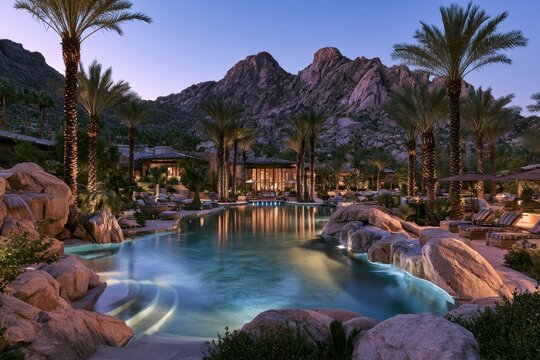 Luxury resort pool glowing at twilight in a desert mountain oasis with palm trees and rock features for hospitality marketing