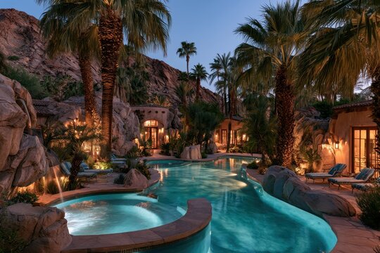 Luxury resort pool glowing at twilight among palm trees and desert rocks with cinematic lighting for luxury travel and hospitality marketing