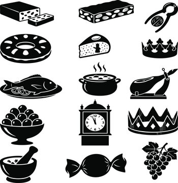 Spanish Traditional Food and Epiphany Silhouette Icon Set bundle groups with Turron Rosc&oacute;n de Reyes Jam&oacute;n Grapes Fish Stew Crown Candy Grapes Vector Collection Isolated on White Background