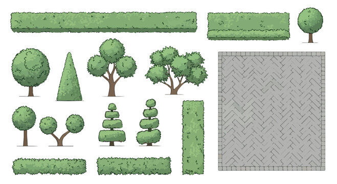Hand drawn garden landscape elements set, green topiary trees and hedge bushes vector, architectural paving stone texture for backyard design