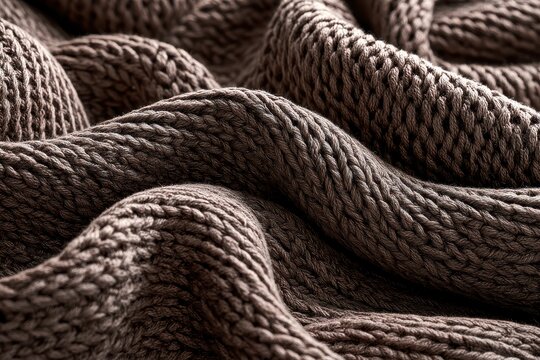 Brown knit wool fabric folds with dramatic shadows and macro sharp focus for luxury textile branding and home decor marketing
