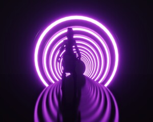 Silhouette walking inside a glowing neon tunnel with cyberpunk lighting. Futuristic concept representing innovation, AI, virtual reality and the digital future. © GV