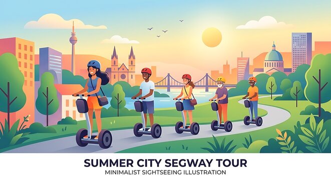 Summer city segway tour with diverse group exploring urban streets.