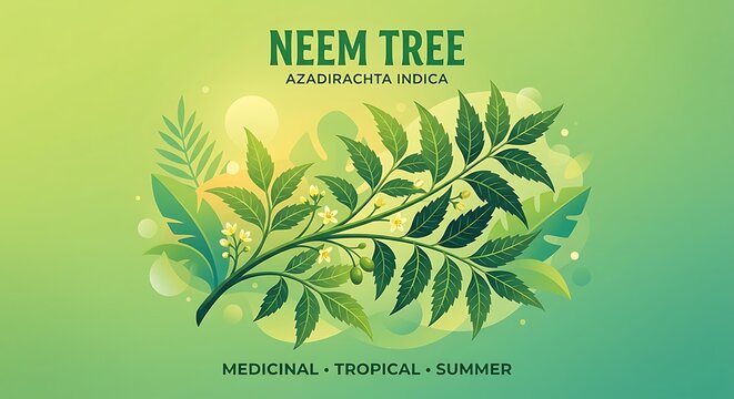 Close-up of fresh neem tree leaves and flowers against green background.