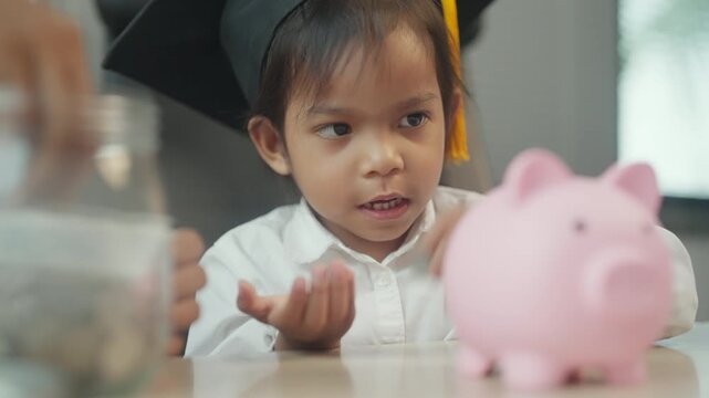 Young Child Wearing Graduation Cap Learning the Value of Saving Money for Future Education