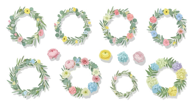 Watercolor floral wreath collection, set of 8 botanical circle frames with pastel flowers and green leaves, elegant spring blossom borders for wedding invitations