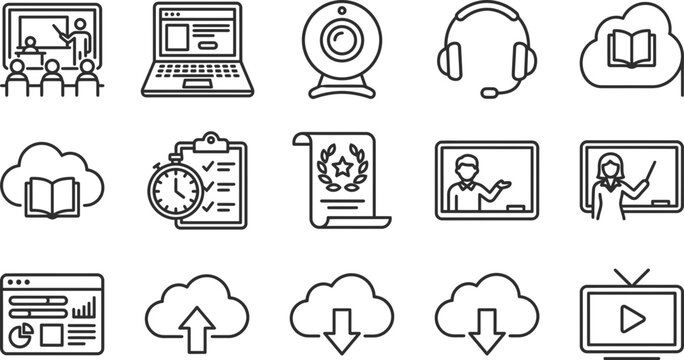 Set of thin line icons for online education and e-learning technology.