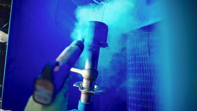 Operator spraying cyan powder coating onto suspended automotive bracket inside industrial finishing booth with dense plume, protective gear, metal fixtures, and visible industrial lighting