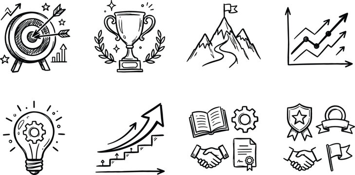 Business Success and Achievement Doodle Icon Set Featuring Target, Trophy, Mountain Peak Flag, Growth Graph, Idea Lightbulb, and Teamwork Handshake Symbols