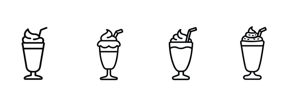 Milkshake drink and dessert line icons set featuring creamy frappuccino glass, chocolate sundae goblet, sweet vanilla smoothie & more vector illustration with editable stroke.
