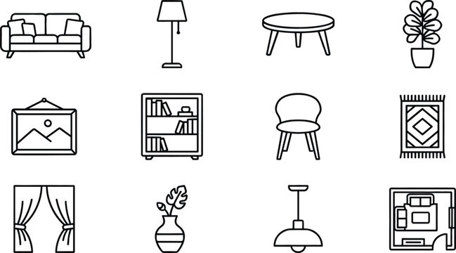 Interior Design and Home Furniture Line Icon Set Featuring Sofa, Coffee Table, Bookshelf, Floor Lamp, Armchair, Patterned Rug, and Room Blueprint Symbols