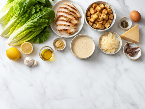 Ingredientes para una ensalada cesar con pollo, croutones, lechuga y aderezo en una mesa de m&aacute;rmol