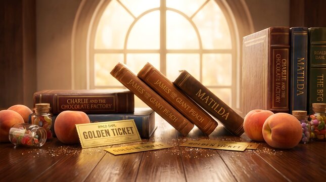 Whimsical Roald Dahl Books with Golden Tickets and Peaches