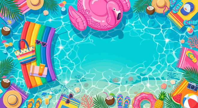Vibrant summer pool background with flamingo floatie and accessories