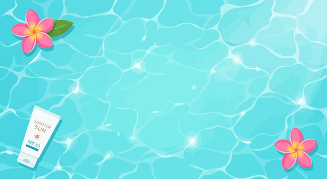Summer pool water background with frangipani flowers and sunscreen