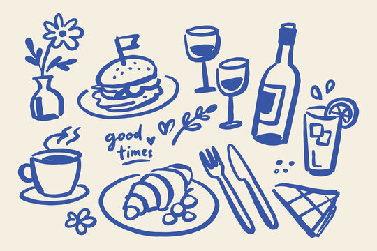 Brunch Food and Drinks Set Naive Doodle Vector Illustration