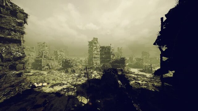 Overlooking ruins and cloudy skies above metropolis. An elevated perspective capturing broken urban landscape beneath stormy cloud formations