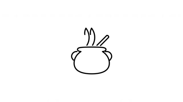 Minimalist outline animation of a boiling magic witch potion cauldron with bubbles drawing on and fading out. Features a clean pop up style in 3 color setups.