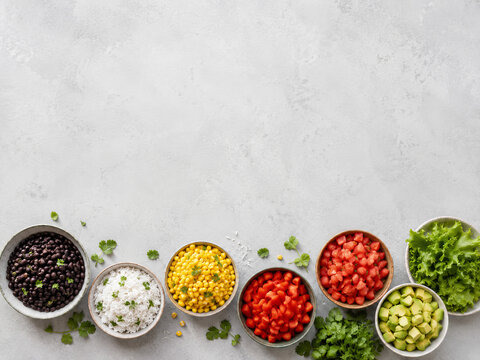 Preparaci&oacute;n de ingredientes frescos para una comida saludable con verduras y granos en tazones
