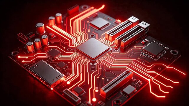 Circuit board with glowing red lines