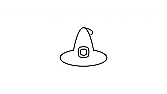 Minimalist outline animation of a traditional pointed wizard magic witch hat drawing on and fading out. Features a clean pop up style in 3 color setups.