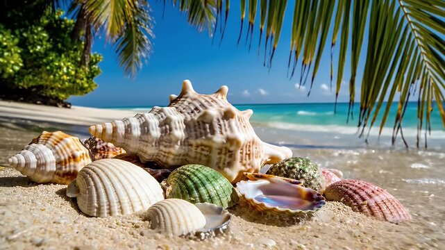 Tropical Beach Seashells in Gentle Waves - A collection of colorful seashells rests on a sandy tropical beach as gentle waves wash over them.