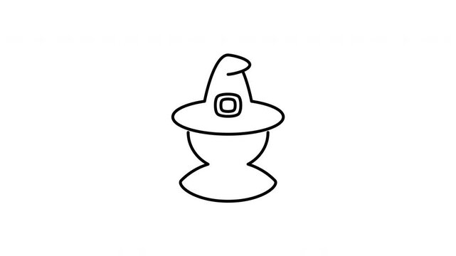 Minimalist outline animation of a friendly witch character wearing a pointed magic hat portrait drawing on and fading out. Features 3 color setups.