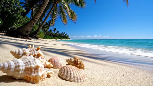 Tropical Beach Seashells and Palm Trees - A serene tropical beach scene with various seashells scattered on the sandy shore.