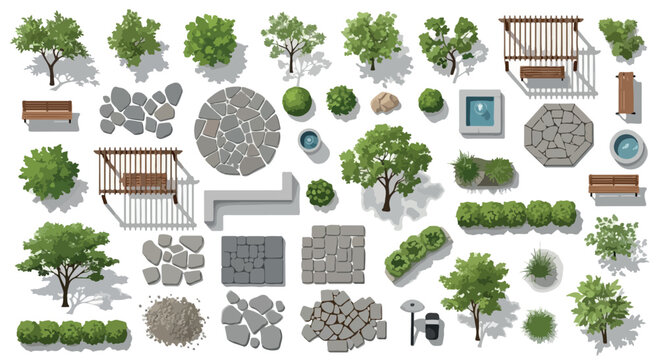 Landscape design elements top view, garden architecture vector set with trees and shrubs, outdoor park planning symbols for site mapping