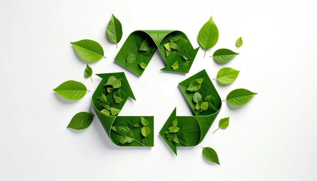 Green leaf recycling icon with scattered foliage on white.