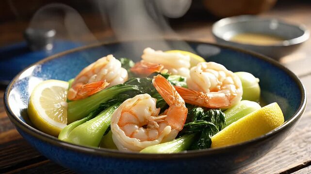 Steaming Shrimp and Bok Choy with Lemon in Blue Bowl - A close-up shot shows a vibrant blue bowl filled with steaming shrimp and fresh bok choy, garnished with bright lemon slices.