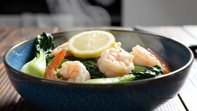 Steaming Shrimp and Bok Choy in Blue Bowl with Lemon - A close-up shot shows a blue ceramic bowl filled with steaming shrimp and vibrant green bok choy, topped with a bright lemon slice.