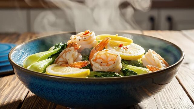 Steaming Shrimp and Bok Choy with Lemon in Blue Bowl - A close-up view of a steaming blue bowl filled with succulent shrimp and fresh bok choy, garnished with bright lemon slices.