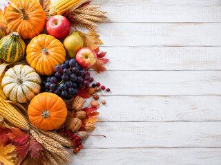 Decoración con calabazas, frutas y hojas de otoño en una mesa de madera blanca © Serjio