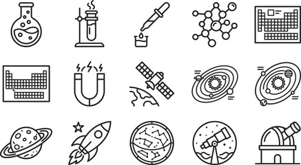 Set of scientific and space exploration line icons. © riski